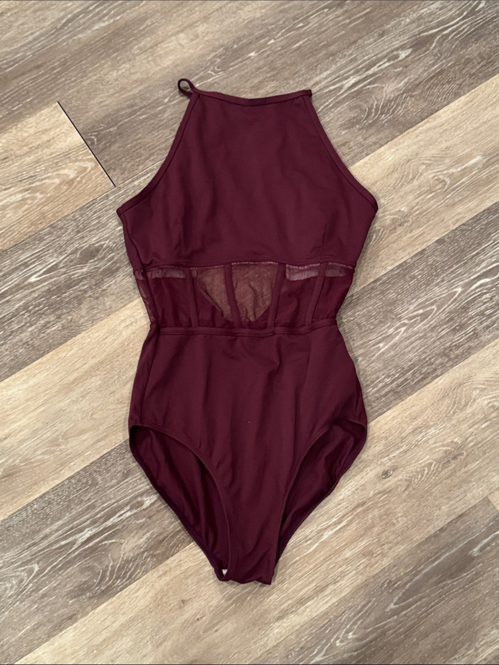 Danz n Motion Teen Burgundy High-Neck One-Piece Bodysuit with Mesh Waist